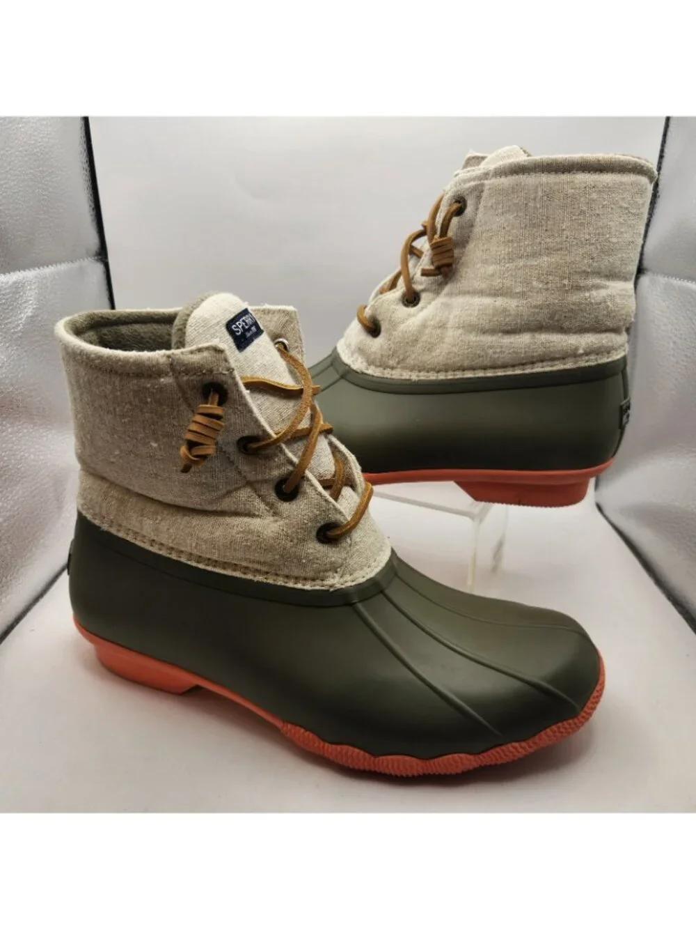 Sperry Topsider Saltwater Duck Boot Winter Shoe Rain Gray & Olive Green Side Zip